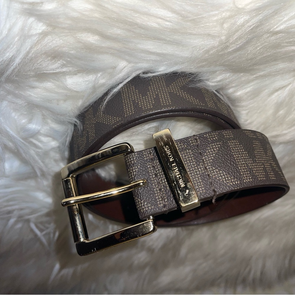 MICHAEL KORS BELT CHOCOLATE MK PRINTED LOGO GOLD SIZE MEDIUM - Picture 9 of 17